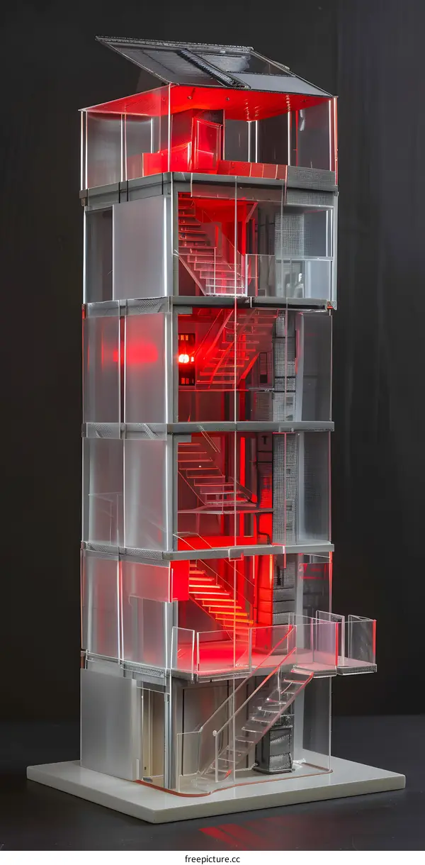 Transparent Building Model with Red Lighting