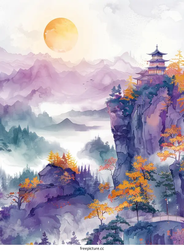 Misty mountain landscape with a pavilion