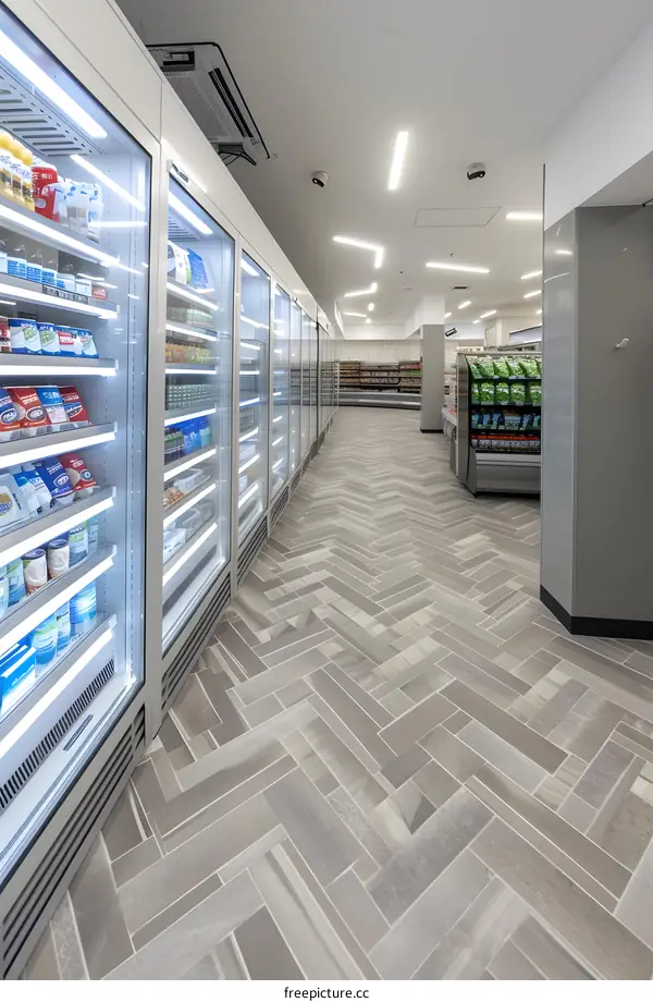 Refrigerator aisle in a modern grocery store with herringbone floor