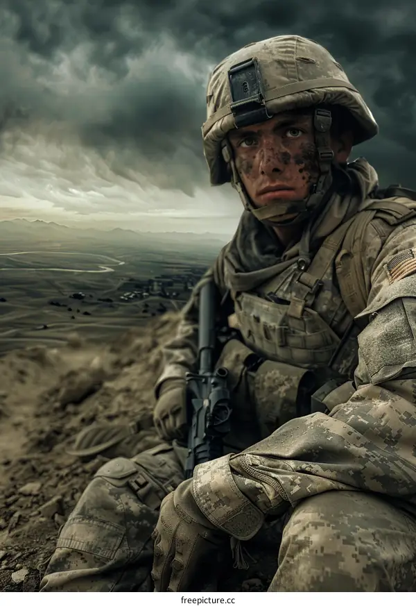A soldier sits on a hilltop overlooking a valley.