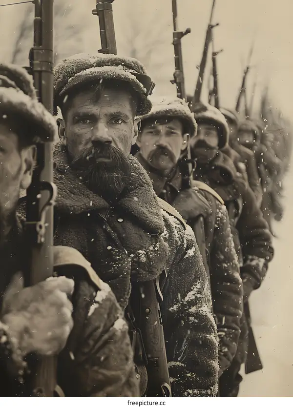 Russian soldiers in winter gear during World War I