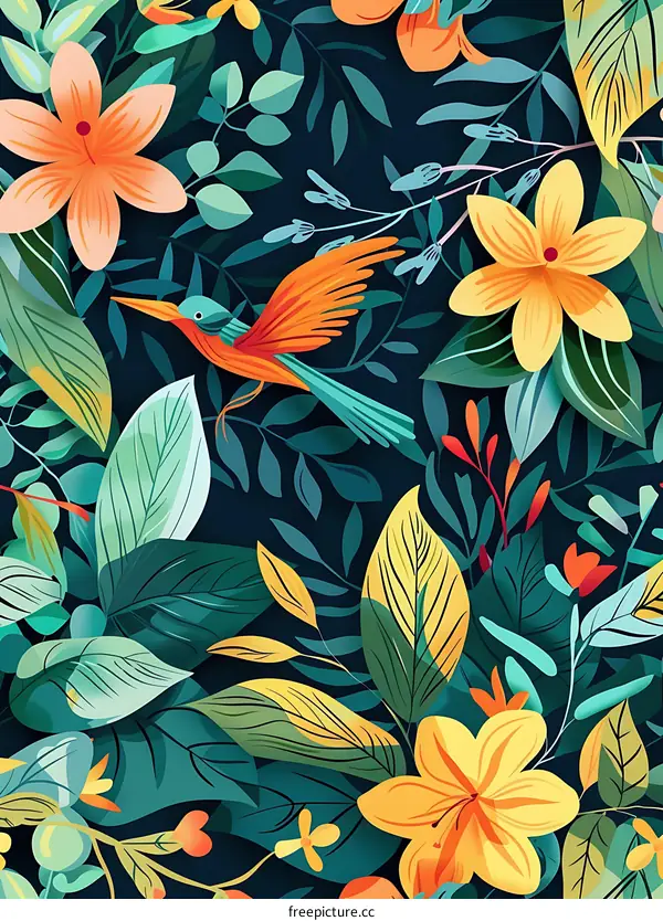 Tropical Bird and Flower Seamless Pattern
