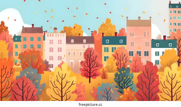 Autumn Cityscape With Colorful Trees