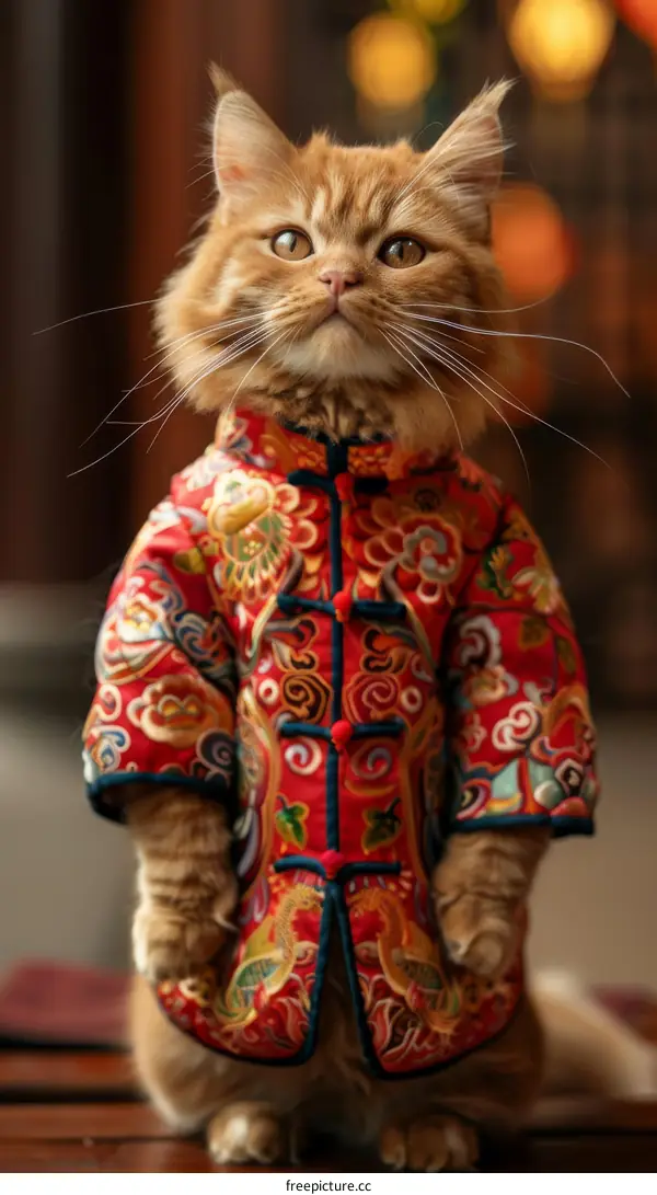 A cat wearing a red and gold Chinese-style jacket