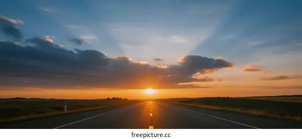 Sunset over an empty road with rays of light piercing through clouds