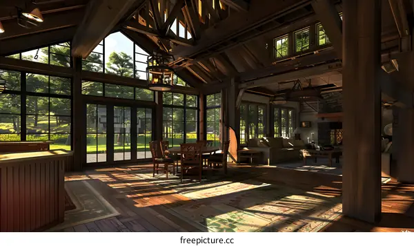 Large Windows With Wooden Beams And Rustic Furnishings In A Modern Cabin