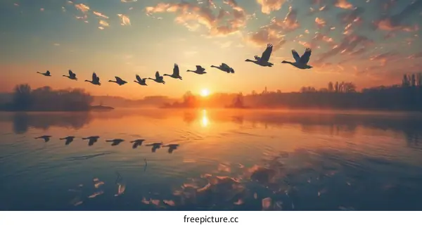 A Flock of Canada Geese Fly Over a Lake at Sunset