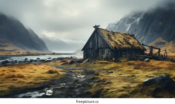 Thatched roof house in valley near mountains and river