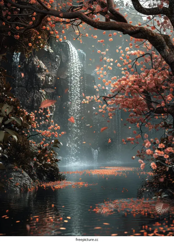Enchanted Waterfall and Cherry Blossom Landscape
