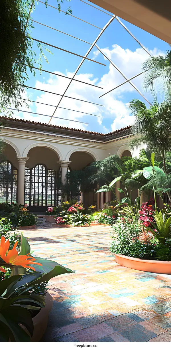 Glass Roof Garden Courtyard with Tropical Plants