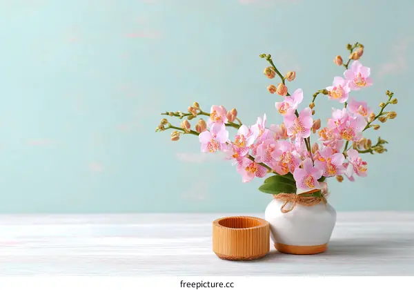 Pink Orchids Arrangement on Light Teal Background