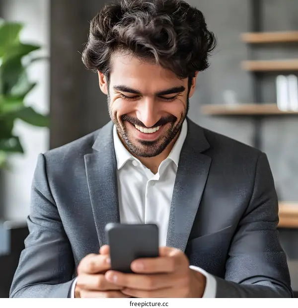 Happy Businessman Using Phone in Modern Office