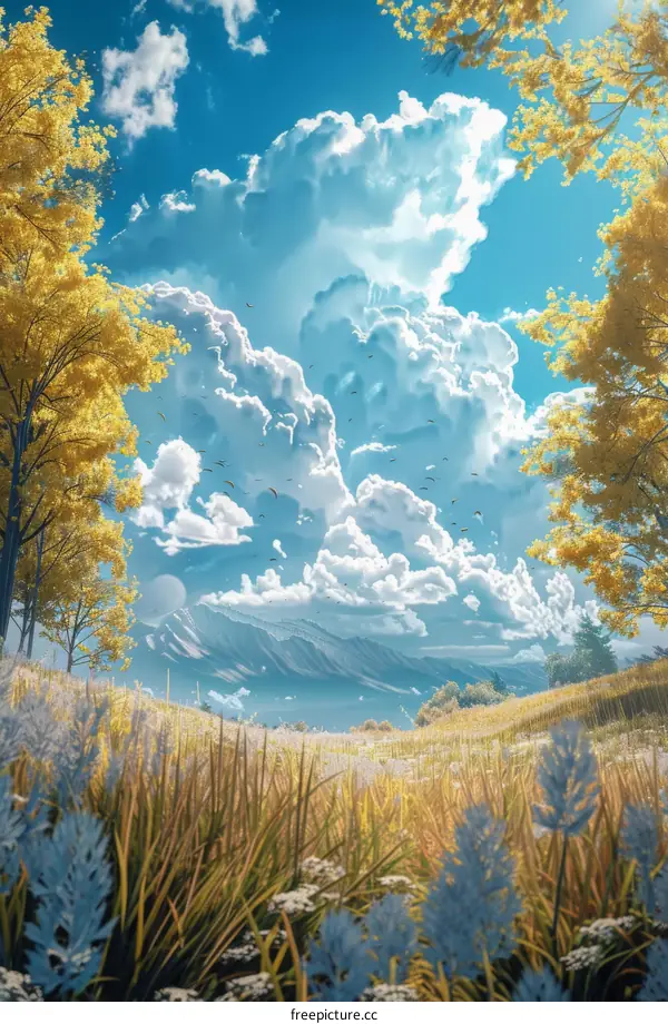 Autumn Landscape with Golden Leaves and Blue Sky