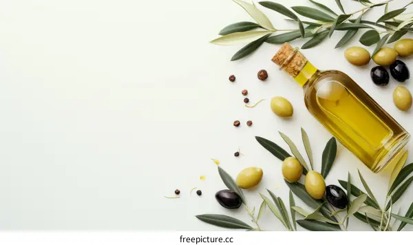 Olive oil and olives on white background