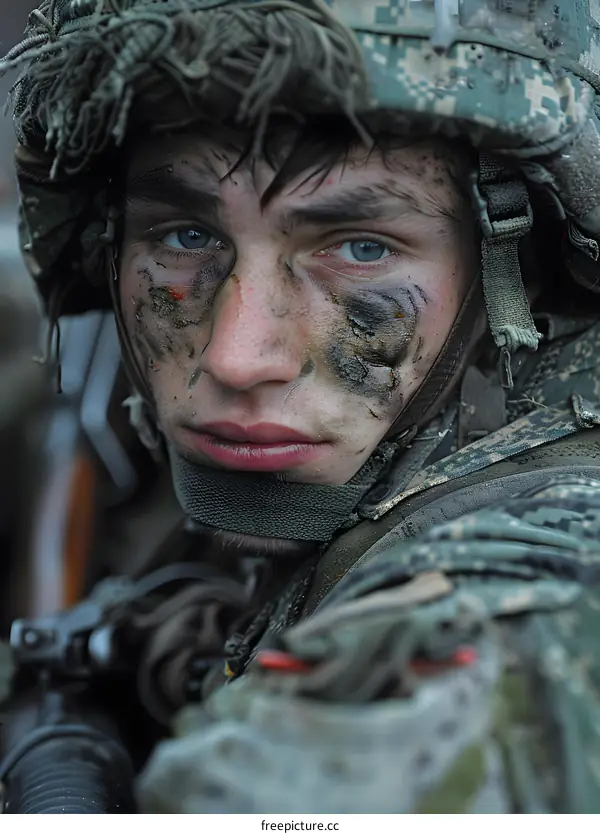 Portrait of a young soldier with camouflage on his face