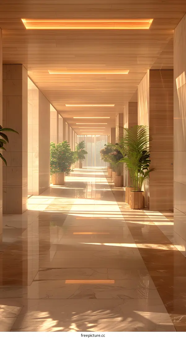 Modern Hallway Interior Design With Wooden Ceiling And Plants