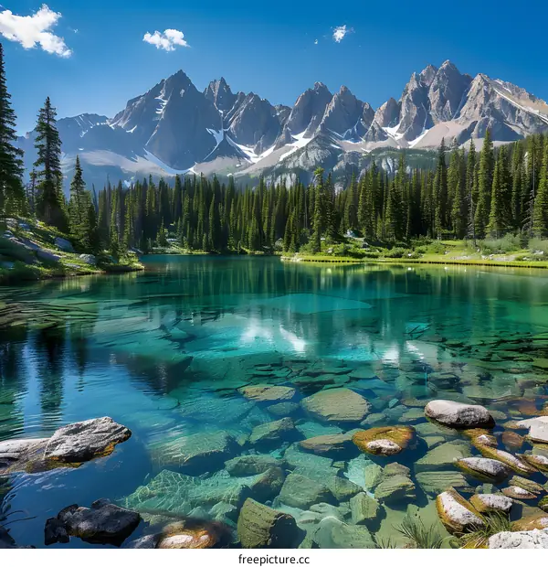 Crystal Clear Mountain Lake with Rocky Mountains in the Background