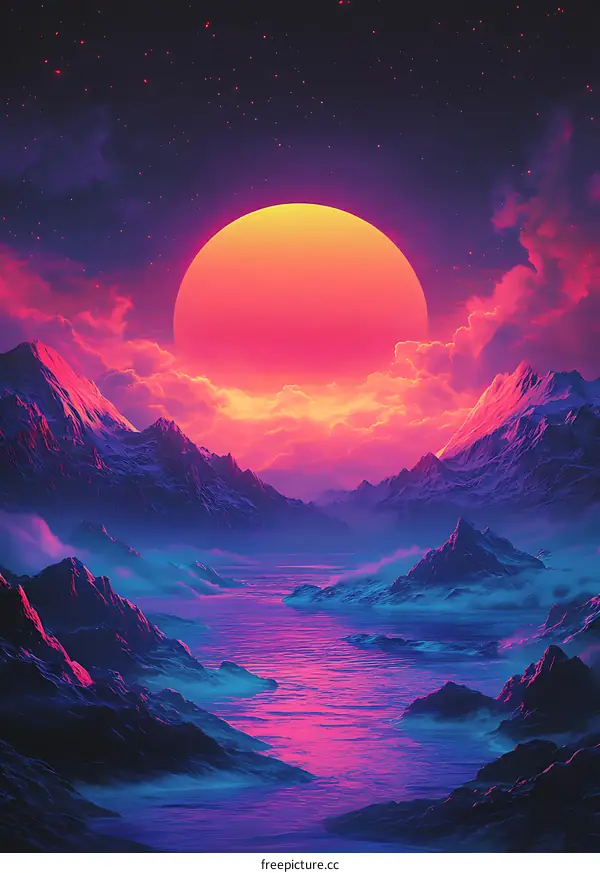 Neon Sunset Mountain Landscape