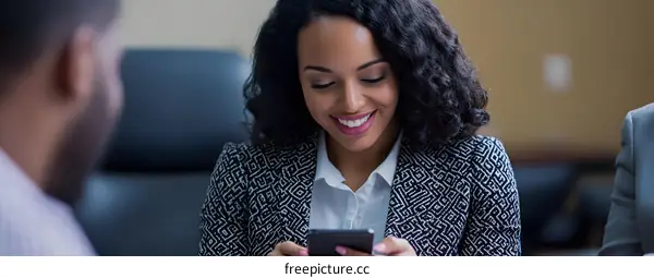 Smiling African American Woman Uses Phone While Sitting In A Meeting