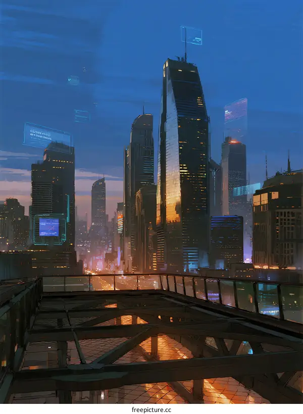 Futuristic Cityscape with Tall Buildings and Glowing Lights at Night