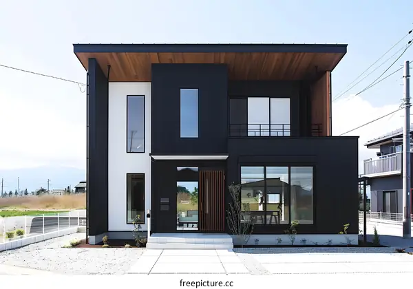 Modern Black and White House with Wooden Accents