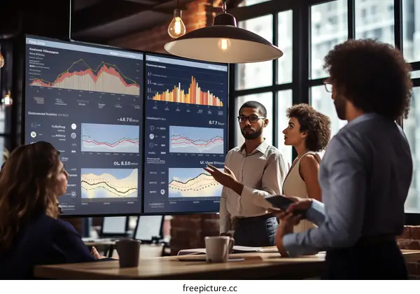 Diverse group of business professionals discussing financial data and graphs during a meeting in a modern office