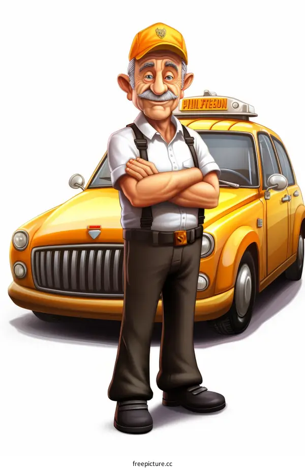 Senior taxi driver with mustache wearing cap and white shirt with rolled up sleeves and black pants standing in front of yellow taxi