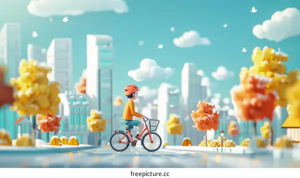 Boy Cycling through Autumn City