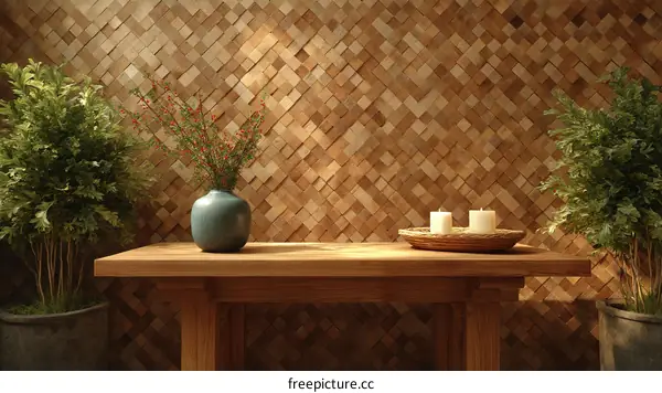 Wooden Mosaic Wall Decor with Table and Plants