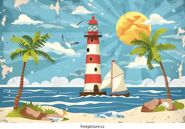Vintage Summer Beach Lighthouse Illustration