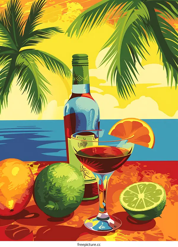 Summer Cocktails Tropical Beach Sunset Illustration