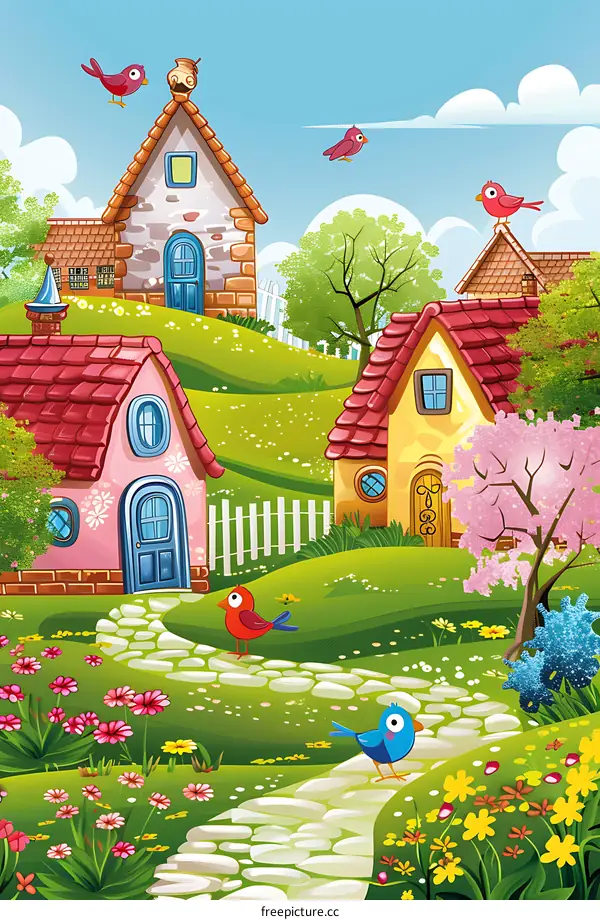 Colorful Spring Village Houses Illustration