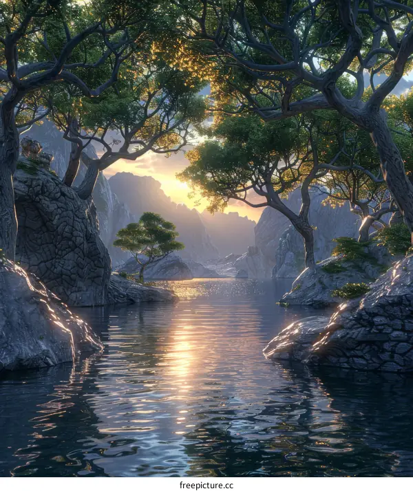 Fantasy Lake and Mountain Landscape