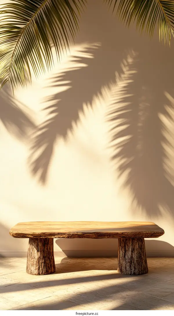 Wooden Bench with Palm Tree Shadows