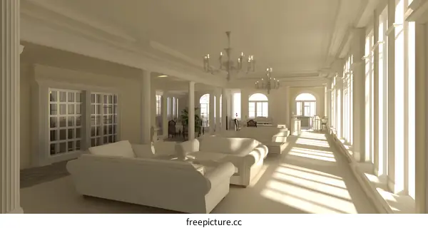 White Interior with Large Windows and Chandelier