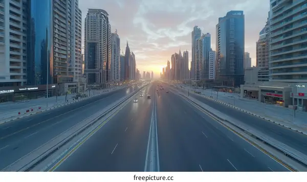 Dubai Modern Skyline Highway Sunrise View