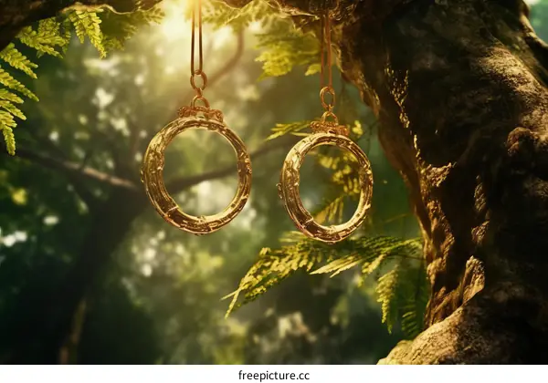 Golden Rings Hanging on a Tree Branch in a Mystical Forest