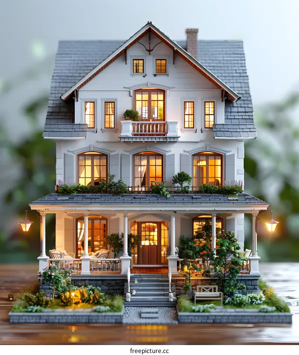 A beautiful dollhouse with a porch, a balcony, and a garden
