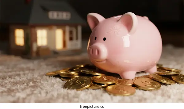 Pink Piggy Bank with Coins and Small House Model