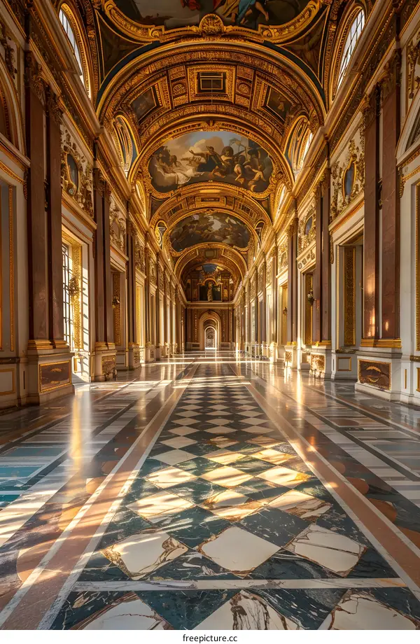 Golden Hallway with Marble Floor and Detailed Ceiling
