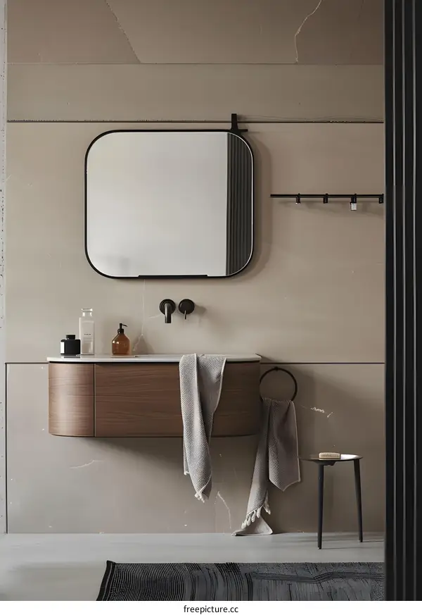 Modern Bathroom Interior Design with Wooden Vanity and Black Accents