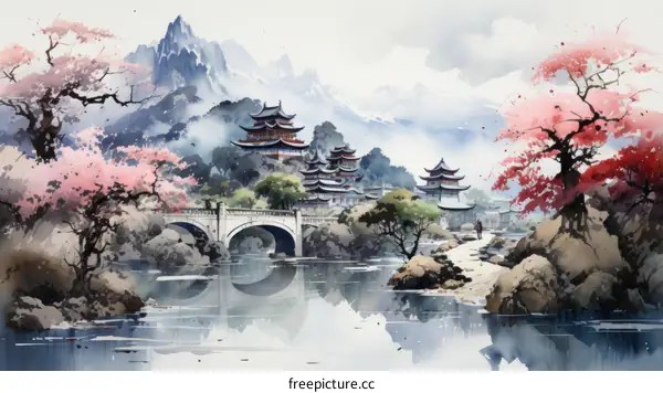 Misty Chinese mountain village with bridge and cherry blossom trees