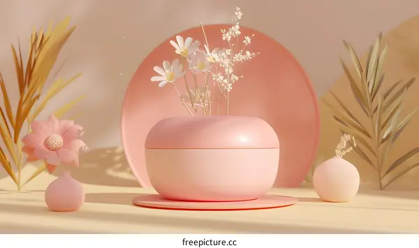 Pink Aesthetic Product Display With Flowers And Plants