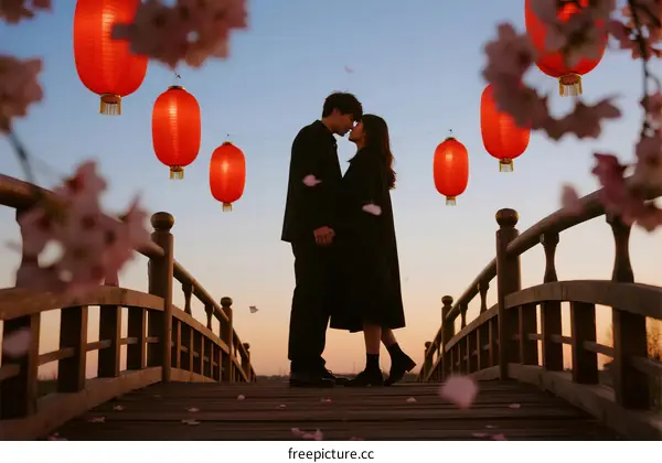 Couple embracing on wooden bridge with red lanterns during sunset