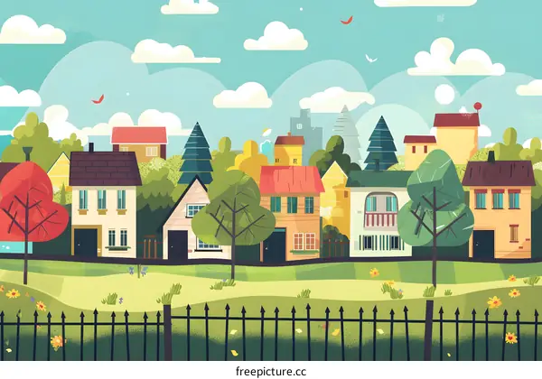 Cartoon Illustration of a Town with Houses and Trees