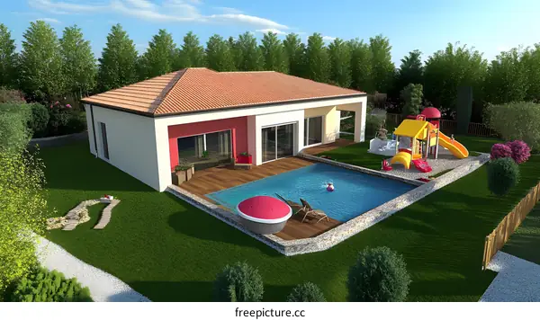 Modern House with Swimming Pool and Playground for Family
