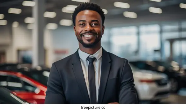 Portrait of a smiling African American car salesman standing in a car dealership showroom