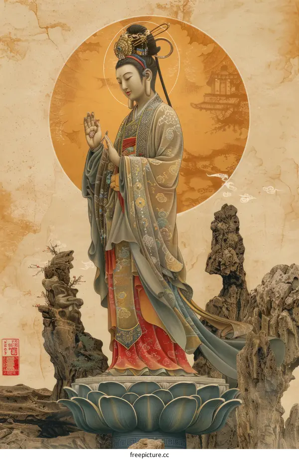 An illustration of a Chinese goddess with a peach in her hand