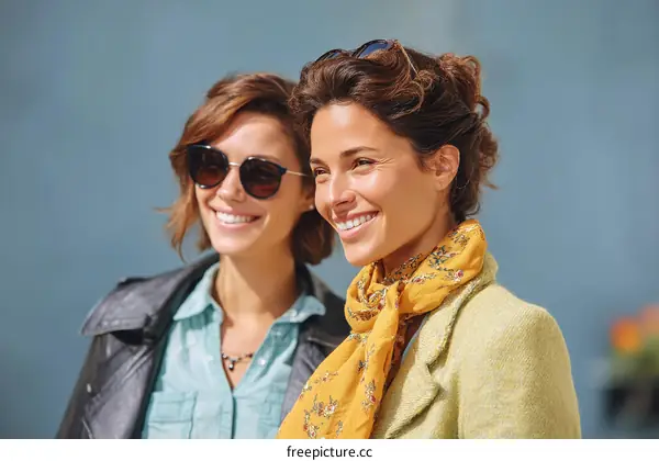 Two Women Smiling Outdoors in Trendy Outfits
