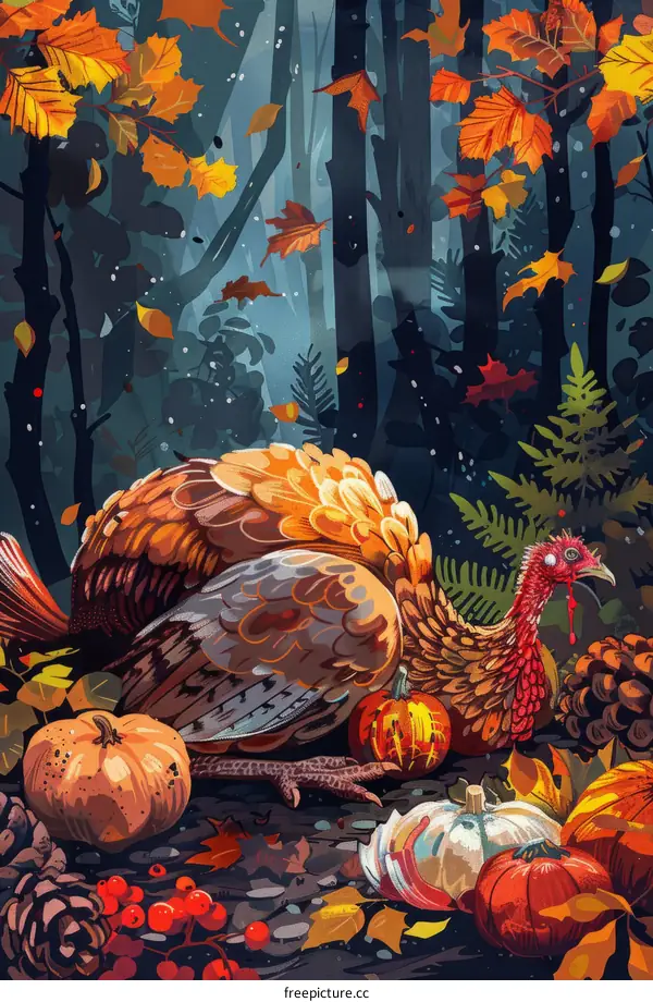 A Thanksgiving Turkey Rests in a Forest of Autumn Leaves